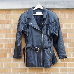 Vintage fringe moto leather trench coat jacket